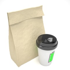 Coffee to go and lunch bag, on white.