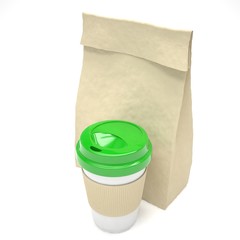 Coffee to go and lunch bag, on white.