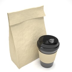Coffee to go and lunch bag, on white.