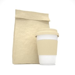 Coffee to go and lunch bag, on white.
