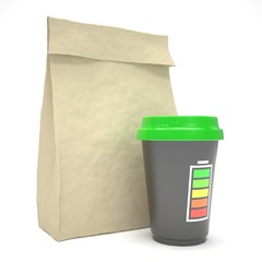 Coffee to go and lunch bag, on white.