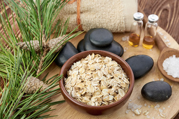 Composition of spa treatment on wooden background