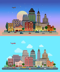 Obraz premium Vector flat urban city lifestyle, highway, buildings, transport