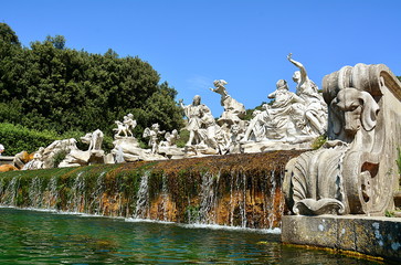 The baroque residence of Caserta in Italy, the lake, the statues.
