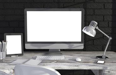 Fototapeta premium 3D illustration PC screen on table in office, Workspace