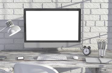 Fototapeta premium 3D illustration PC screen on table in office, Workspace