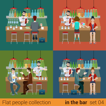 Vector flat friends in bar counter and barman drink alcohol beer