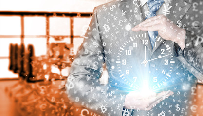 Image of businessman holding clock against illustration