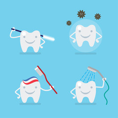 Cute tooth, brushing, protection - dental flat vector set