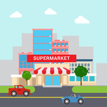 Flat vector cartoon supermarket mall building transport street