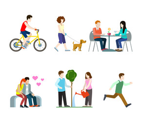 Fototapeta premium Vector flat city street pedestrians: bicycle rider, couple