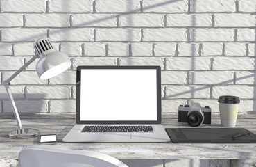 Fototapeta premium 3D illustration laptopand work stuff on table near brick wall
