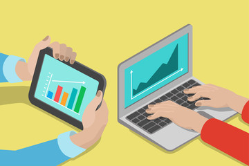 Hands, computer laptop tablet with chart: marketing flat vector