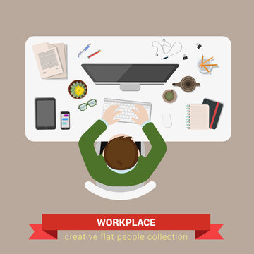 Office workplace table top view vector flat: manager, accountant