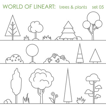 Tree bush plant graphical lineart set. Line art vector