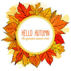 Autumn round frame with hand drawn golden leaves. Hello autumn