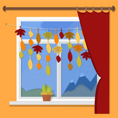 Autumn. Vector illustration - autumn window rain views. Garland of autumn leaves on the window.