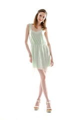 happy young woman smiling against white background