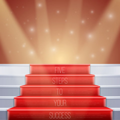 Fototapeta premium Photorealistic Vector Stairs with Red Carpet and Bright Luxury E