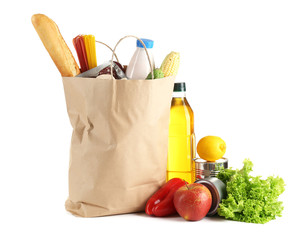 Paper bag with food isolated on white