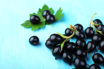 Ripe black currants on blue wooden background