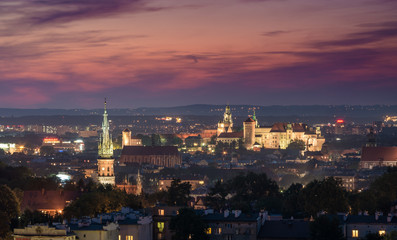 Fototapeta Evening panorama of Krakow old city, Poland, from Krakus Mound obraz