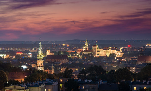 Evening panorama of Krakow old city, Poland, from Krakus Mound © tomeyk