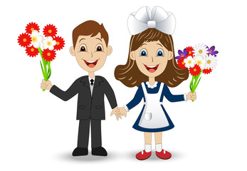merry girl and boy with bouquets of flowers
