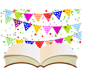 brightly colored flags and open book