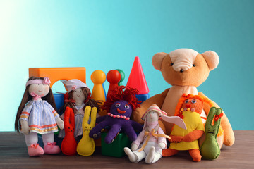 Pile of toys on blue background