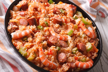 Creole food: jambalaya with shrimp and sausage close-up. horizontal
