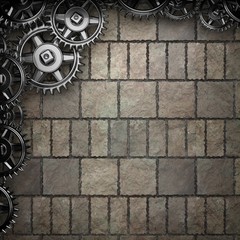 stone wall background with metal gears
