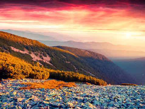 Dark Red Sky Under Autumn Mountains.