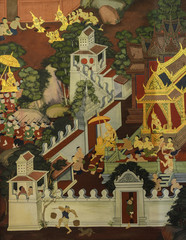 Thai mural painting on temple wall