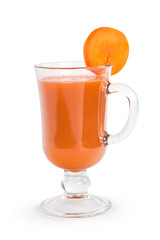 Glass of carrot juice and slice of carrots isolated on white background