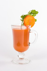 Glass of carrot juice and fresh carrots isolated on white