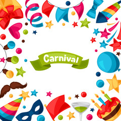 Carnival show and party greeting card with celebration objects