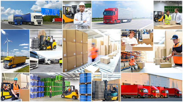 Transportwesen - Logistik und Verkehr im Gewerbe - Arbeiter und Berufe in der Logistikbranche // shipping collage