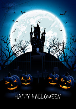 Blue Halloween background with castle and pumpkins
