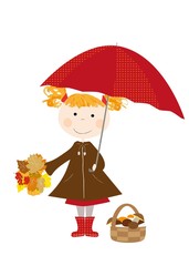 Dziewczynka z parasolem, kosz z grzybami na białym tle © katarzyna b