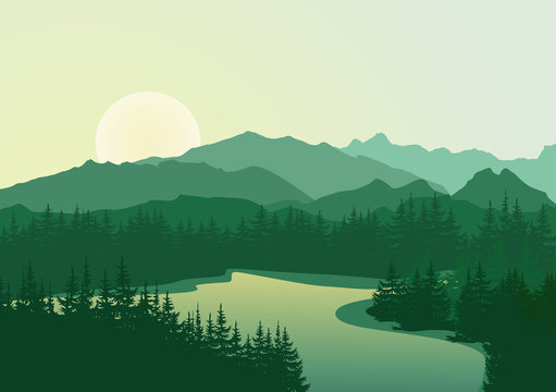 Beautiful Sunrise At Mountain Lake. Vector Landscape.