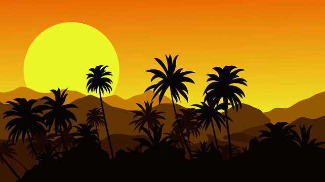 Sunset in the tropical hills with silhouettes of palm trees. Vector illustration.
