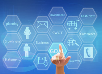 hand pressing social media button - business goal on touch screen 