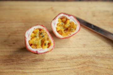 Passion fruit on wooden background