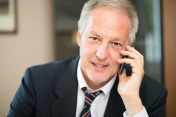 Senior businessman talking on the phone in his office