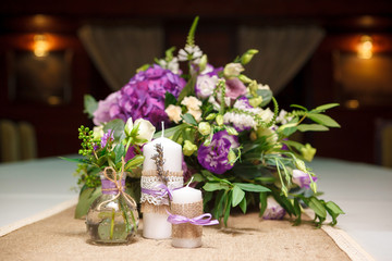 candles with lavender and bouquet flowers