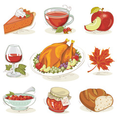 Set of hand-drawn Thanksgiving Day meal Design elements in Vintage style isolated on white background