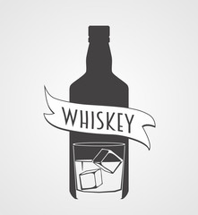 sign or logotype with whiskey bottle and glass