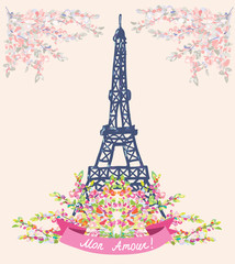 Fototapeta na wymiar Love in Paris nice card - vintage floral design
