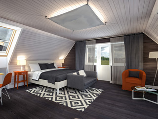 bedroom in the attic black-white-red 3D rendering